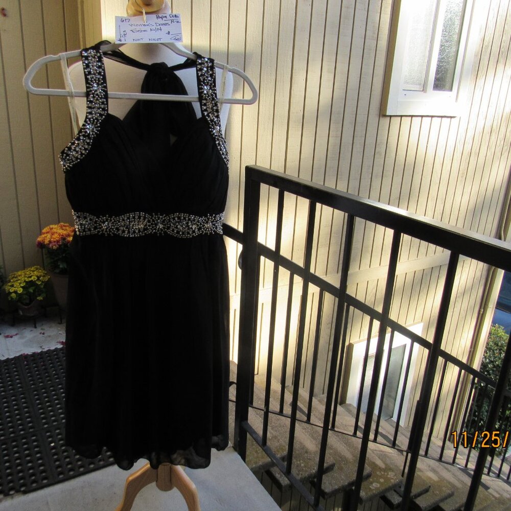 #617 WOMAN'S BLACK CHIFFON & RHINESTONE EVENING DRESS BY PAPER DOLLS (SIZE 10)